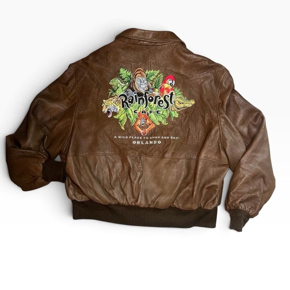 Vintage Rainforest Cafe Orlando FLA Disney embroidered leather bomber coat  XXL